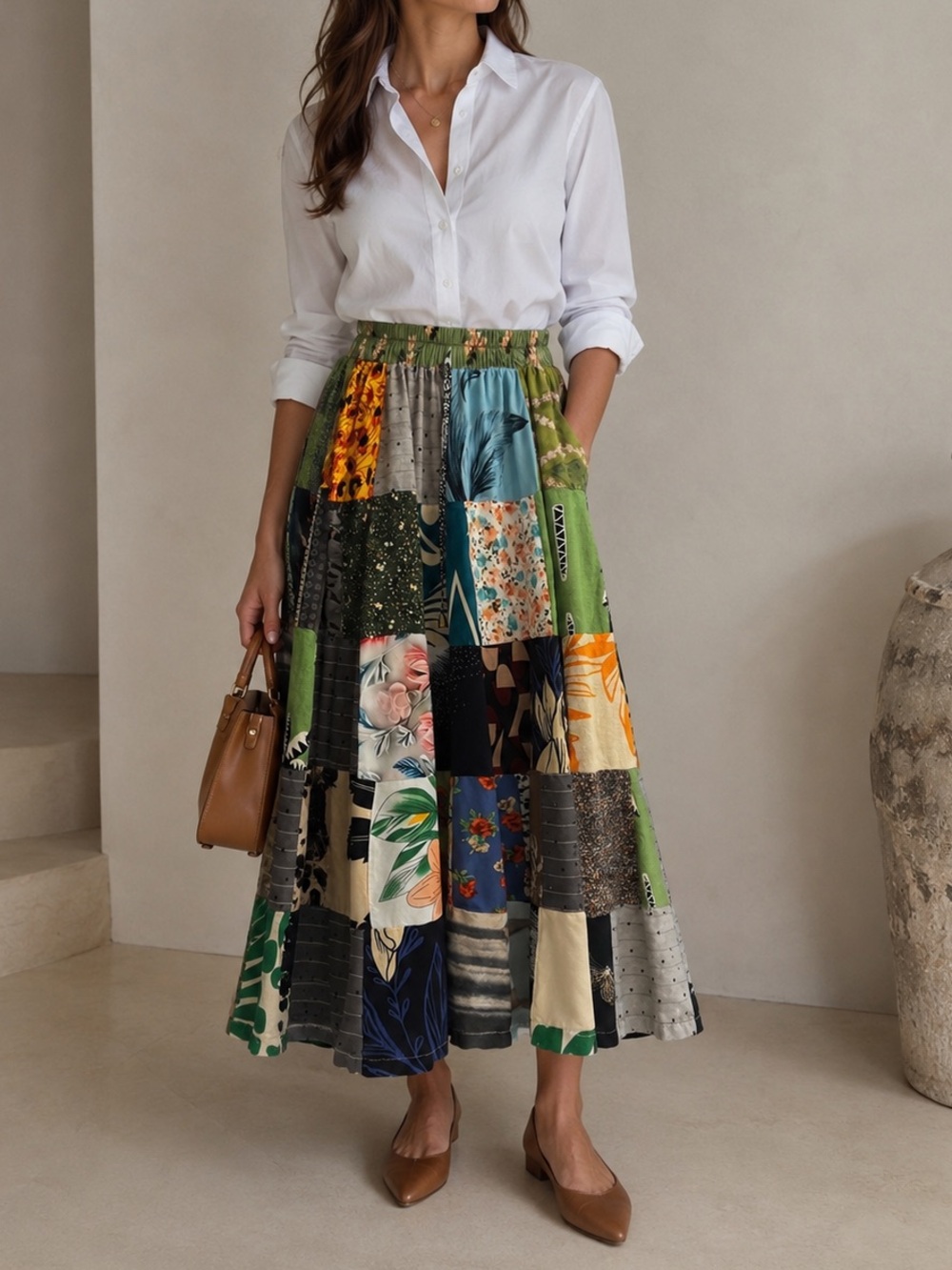Paradise USA Boho Patchwork Maxi Skirt Floral Multi-Print S/M Elastic Waist Y2K